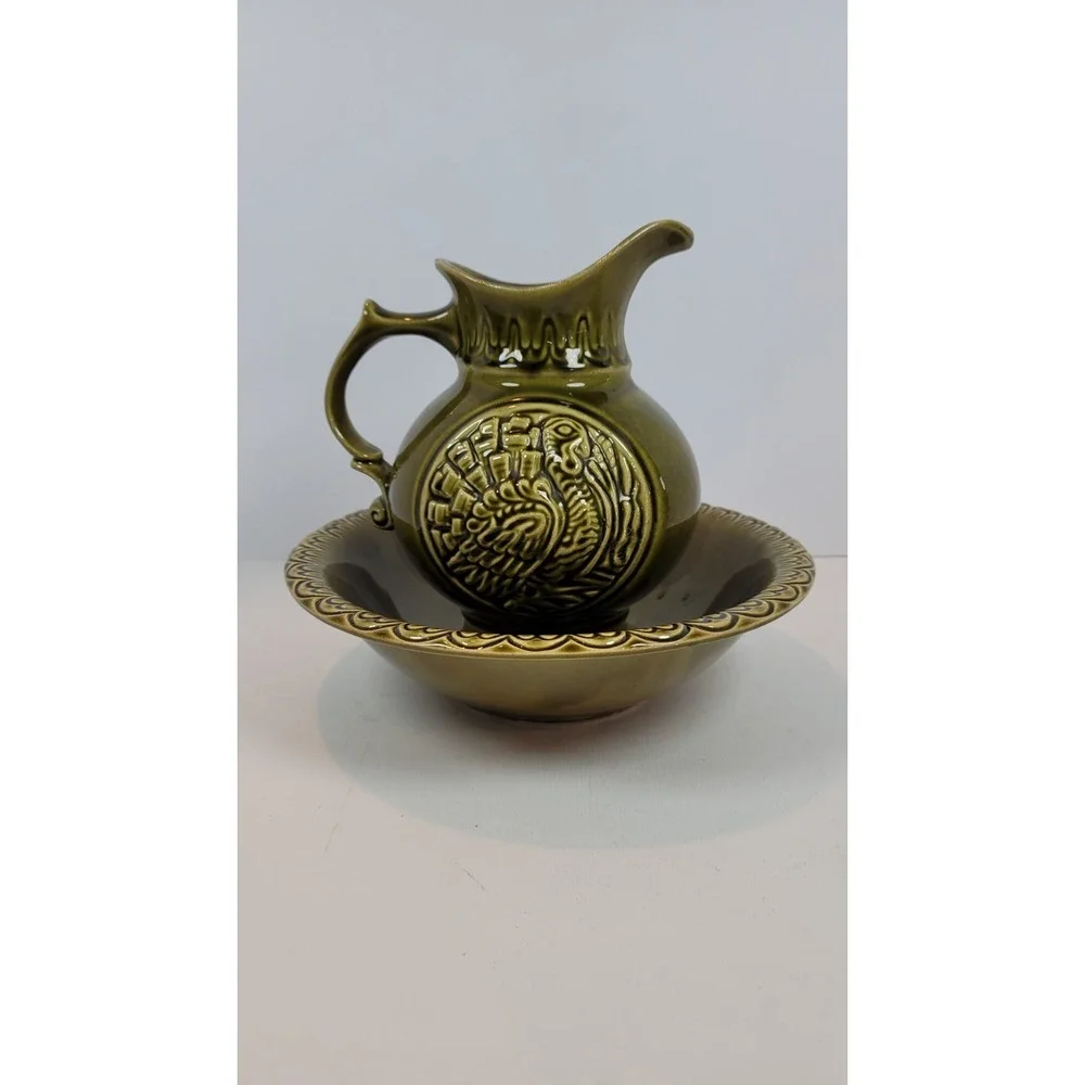 Vintage McCoy Pottery Thanksgiving TURKEY Wash Basin & Pitcher Olive‎ Green